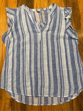 Old Navy Blue and White Striped Ruffle Sleeve Linen Blend Women’s Top, Medium